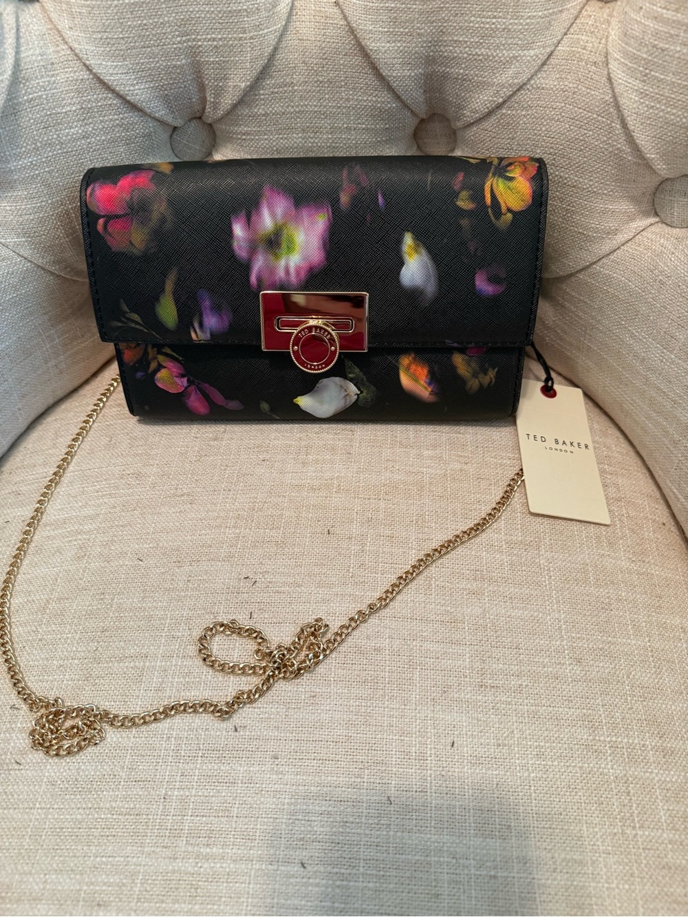 Ted Baker Black Floral Crossbody with Gold Chain